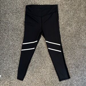 Zyia - Black Leggings with White Stripes and Mesh Details - Size 14-16